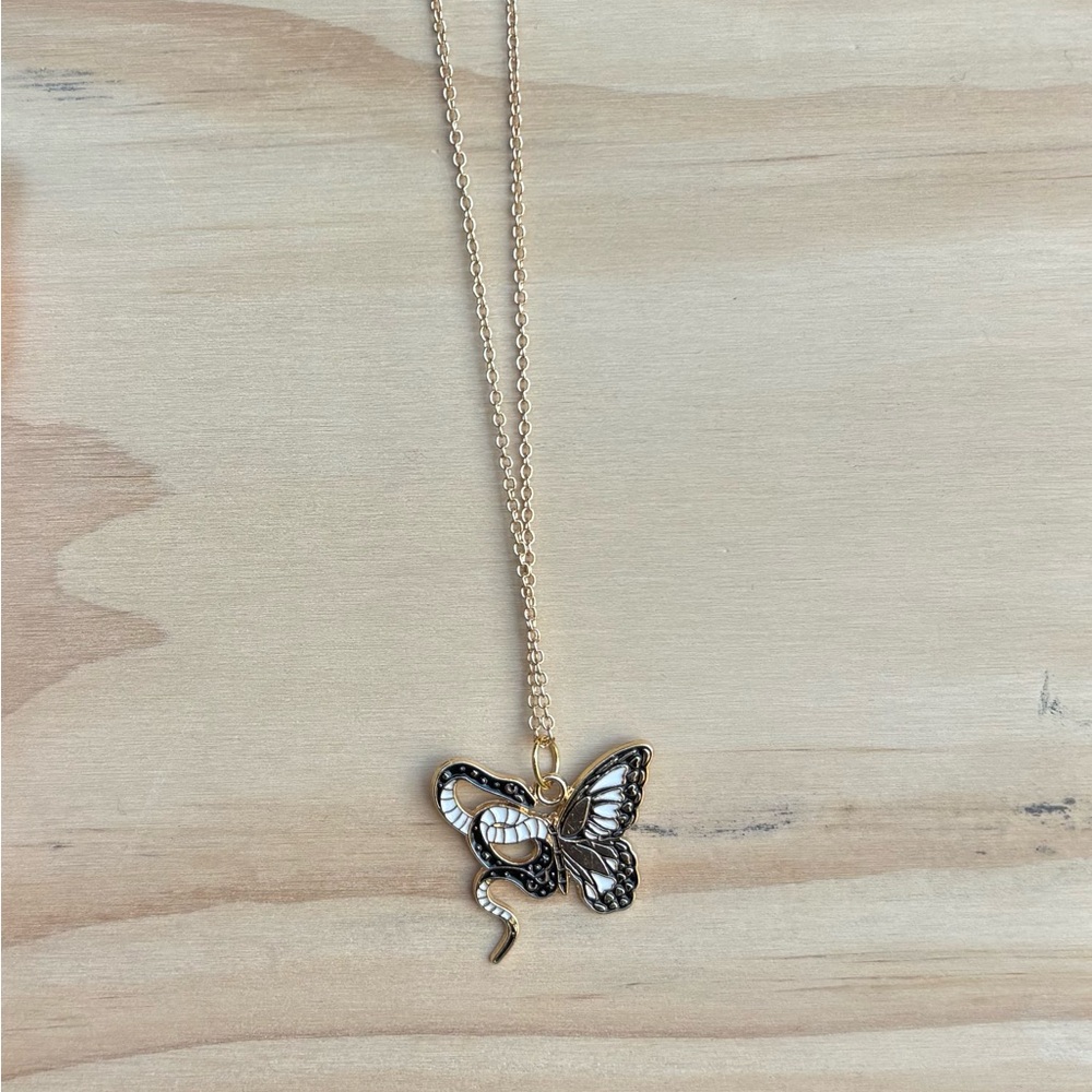 Gold Butterfly and Snake Pendant Necklace